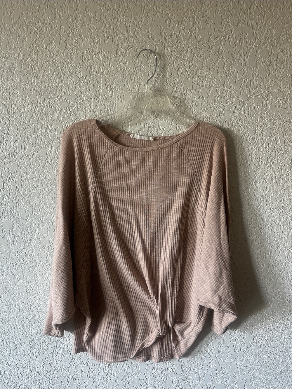 Vine & Love Ribbed Long-Sleeve Tie-Front Top - Blush Taupe